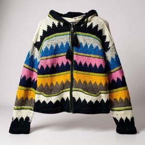 Womens Colorful Knit Aztec Zip Up Size L Hoodie Cardigan Sweater